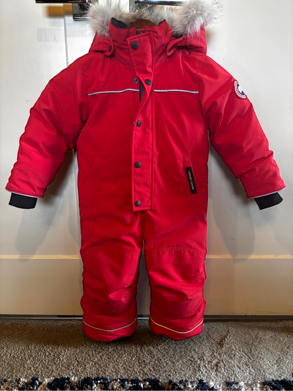 Canada Goose Red Kids Insulated One-Piece Snowsuit with Fur-Trim Hood